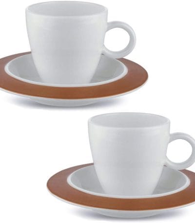 a couple of white cups with brown rims